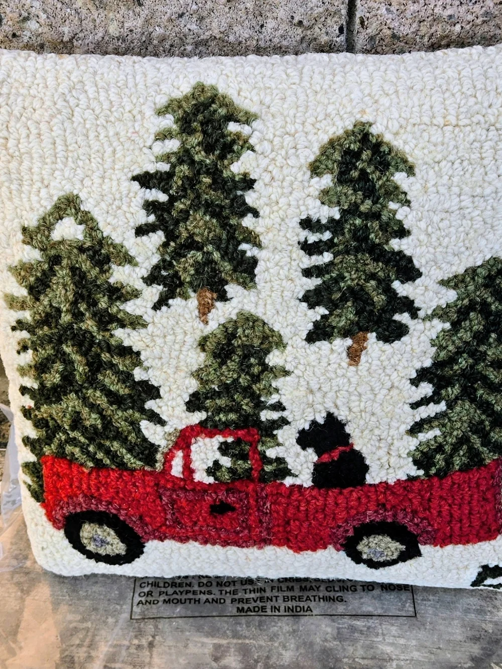 Garnet Hill Chandler 4 Corners Red Truck Hooked Holiday Pillow with Green Tree